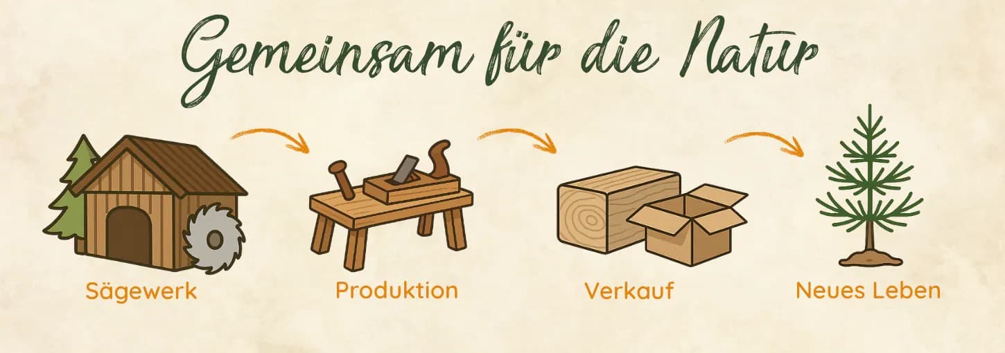 Kreislauf von Sägewerk über Produktion und Verkauf bis zum neuen Zirbenbaum